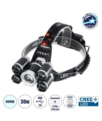 GloboStar® 79059 Φακός Κεφαλής Επαναφορτιζόμενος LED CREE XML2-T6 Chip 30 Watt 2000lm με 2 x 18650 Μπαταρίες 5200mAh Ψυχρό Λευκό 6000K - Μ9 x Π7.5 x Υ9cm